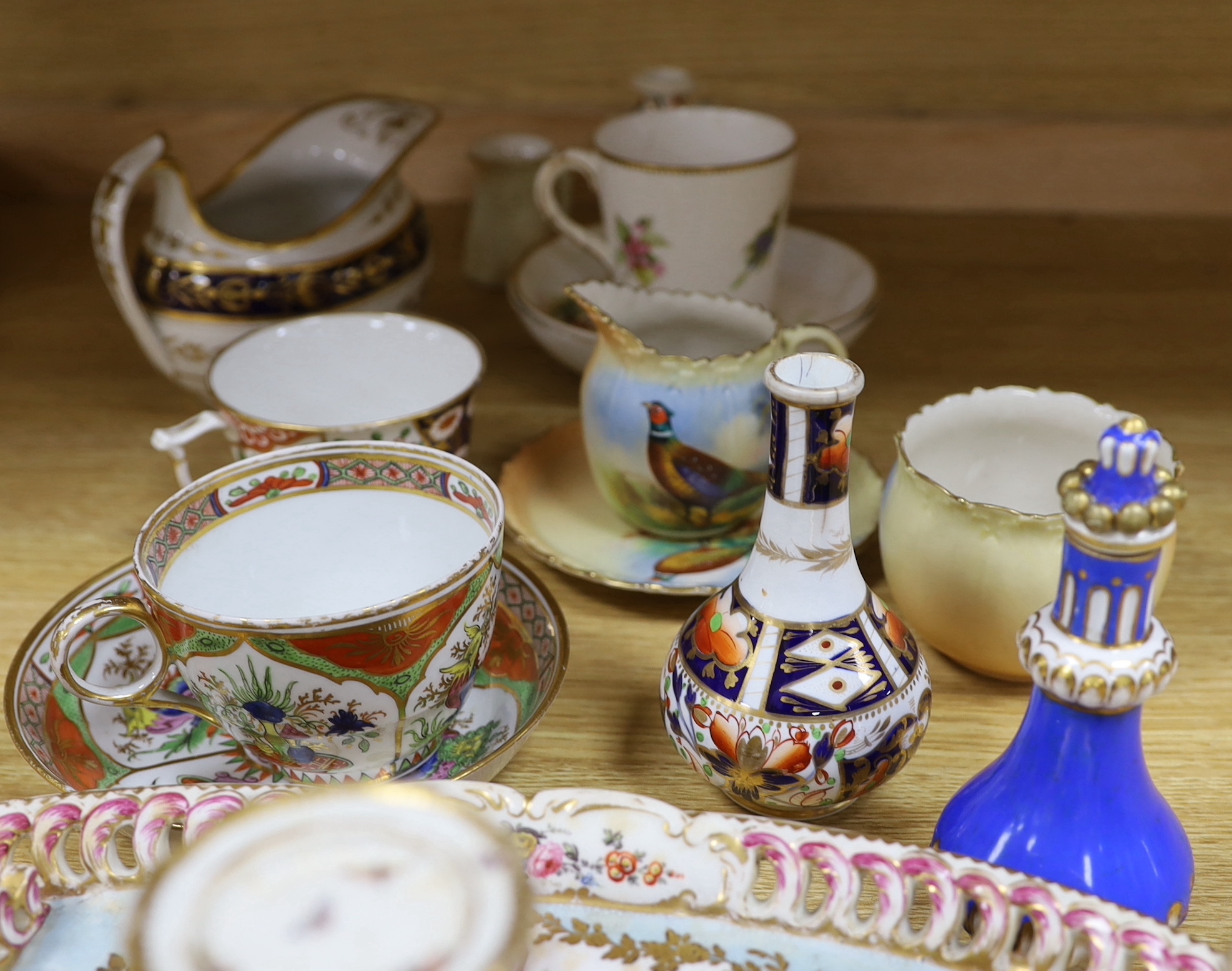 An English porcelain desk stand, c.1825, together with other porcelain including Locke & Co, Worcester saucer, jug and bowl, largest 39cm wide